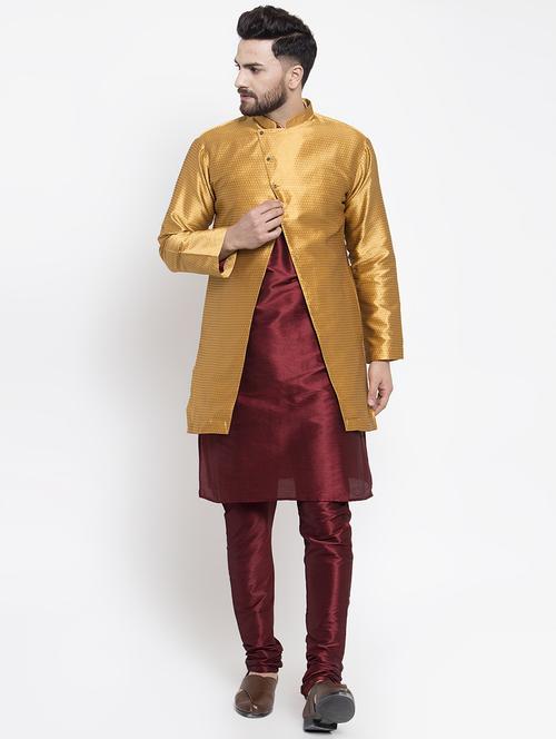 gold silk blend sherwani set - 16750212 - Standard Image - 1