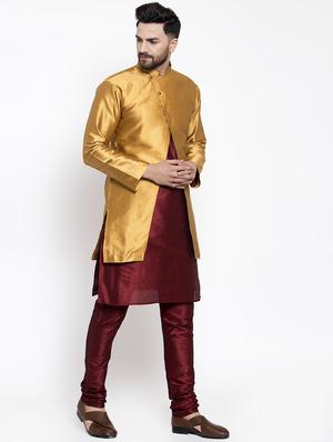 gold silk blend sherwani set - 16750212 - Standard Image - 2