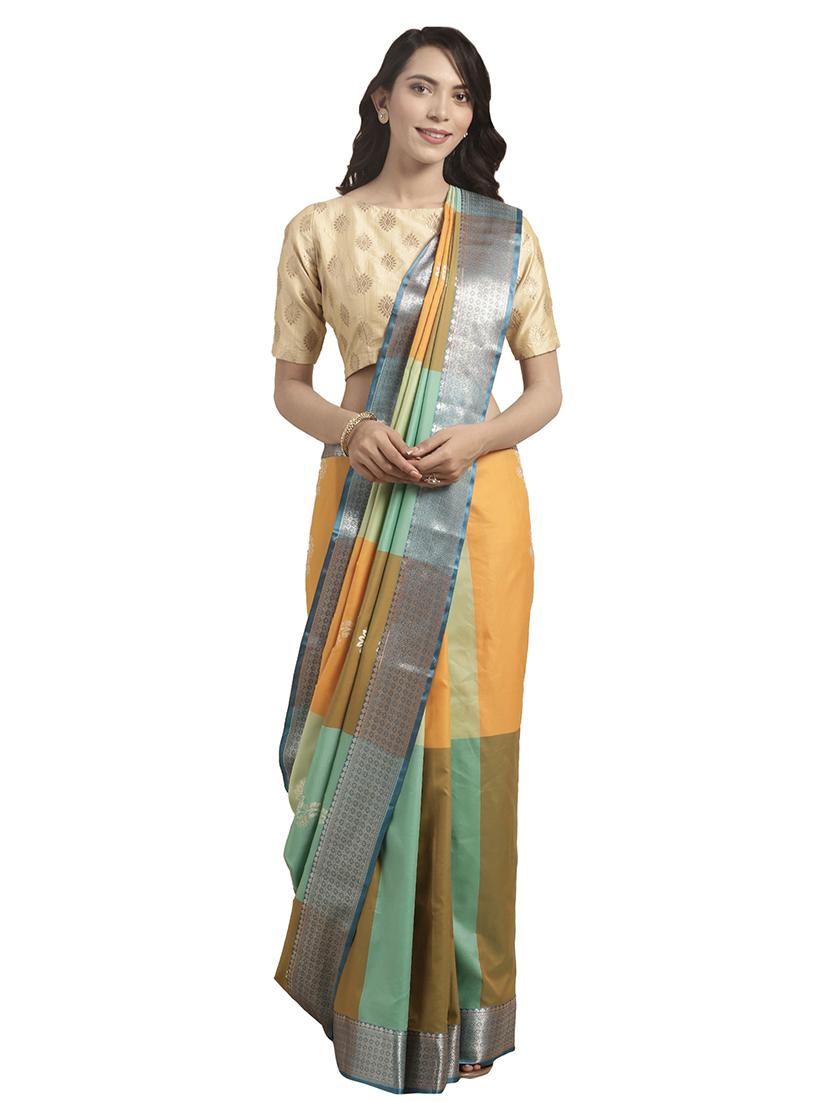 color block kanjivaram saree with blouse - 16751506 - Zoom Image - 1