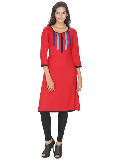 red rayon patched neck kurta - 16753082 - Standard Image - 1
