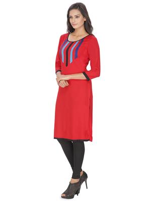 red rayon patched neck kurta - 16753082 - Standard Image - 2