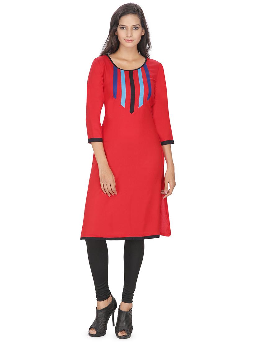 red rayon patched neck kurta - 16753082 - Zoom Image - 1