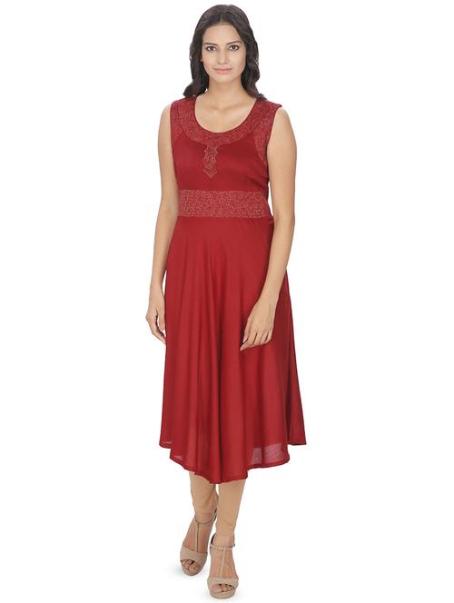 red embroidered asymmetrical flared kurta - 16753194 - Standard Image - 1
