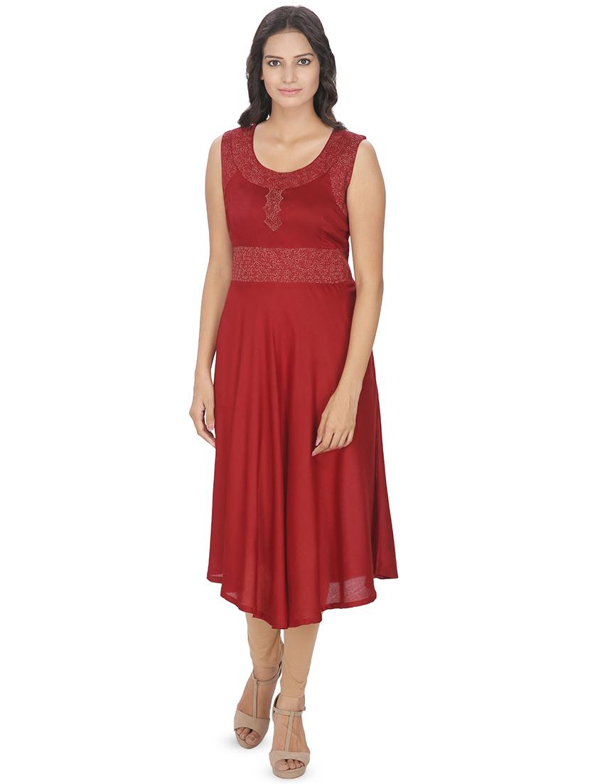 red embroidered asymmetrical flared kurta - 16753194 - Zoom Image - 1