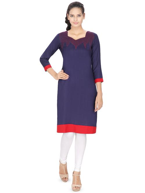 navy blue embroidered straight kurta - 16753197 - Standard Image - 1