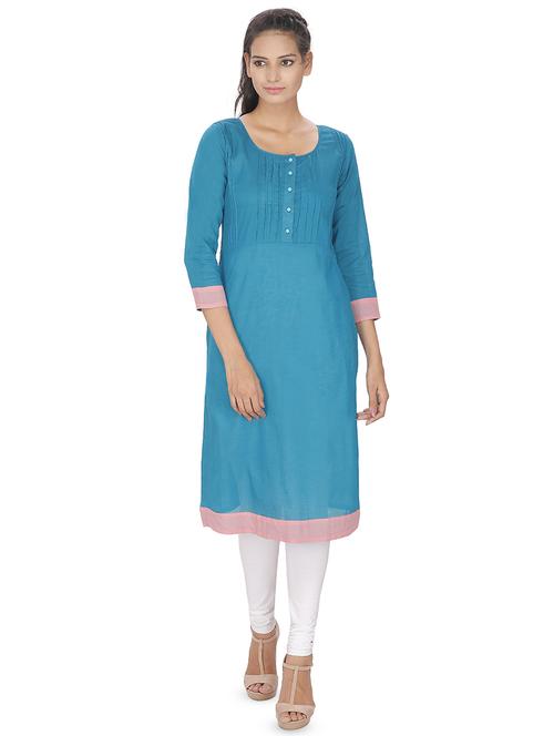 turquoise blue solid pintucked straight kurta - 16753198 - Standard Image - 1