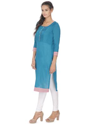 turquoise blue solid pintucked straight kurta - 16753198 - Standard Image - 2