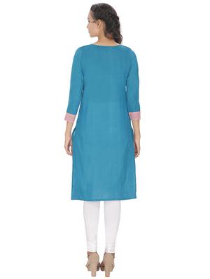 turquoise blue solid pintucked straight kurta - 16753198 - Standard Image - 3