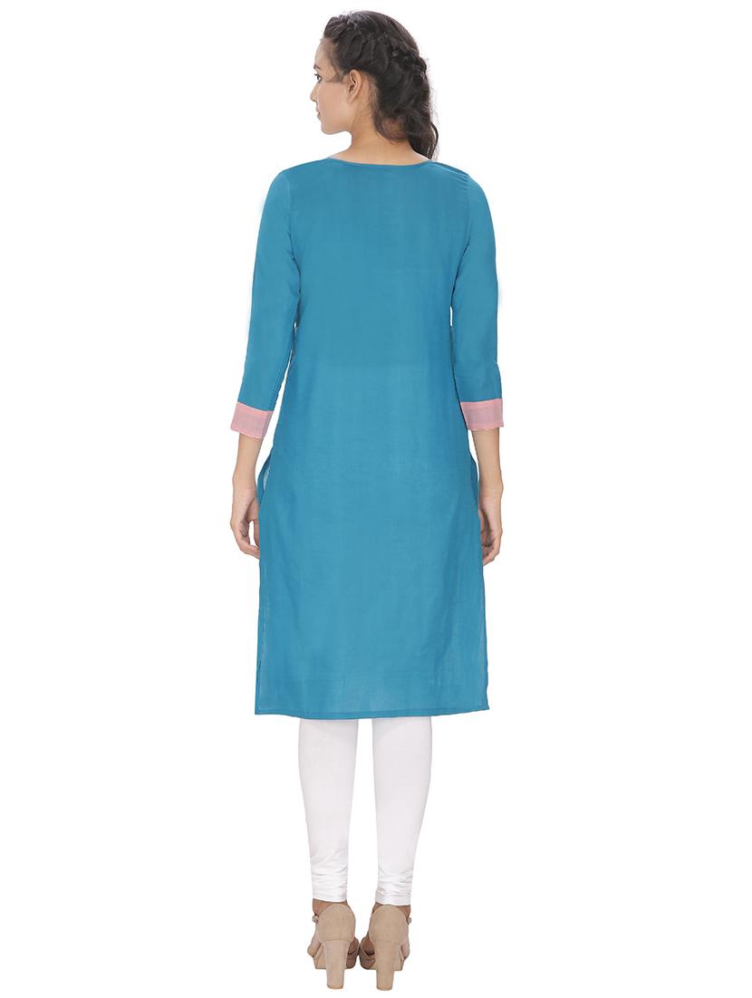 turquoise blue solid pintucked straight kurta - 16753198 - Zoom Image - 3