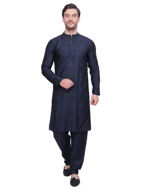 navy blue solid pure silk kurta pyjama set - 16754282 - Standard Image - 1