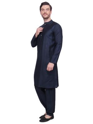 navy blue solid pure silk kurta pyjama set - 16754282 - Standard Image - 2