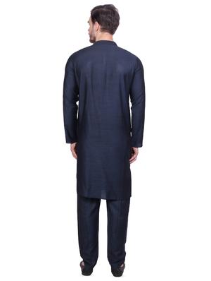 navy blue solid pure silk kurta pyjama set - 16754282 - Standard Image - 3