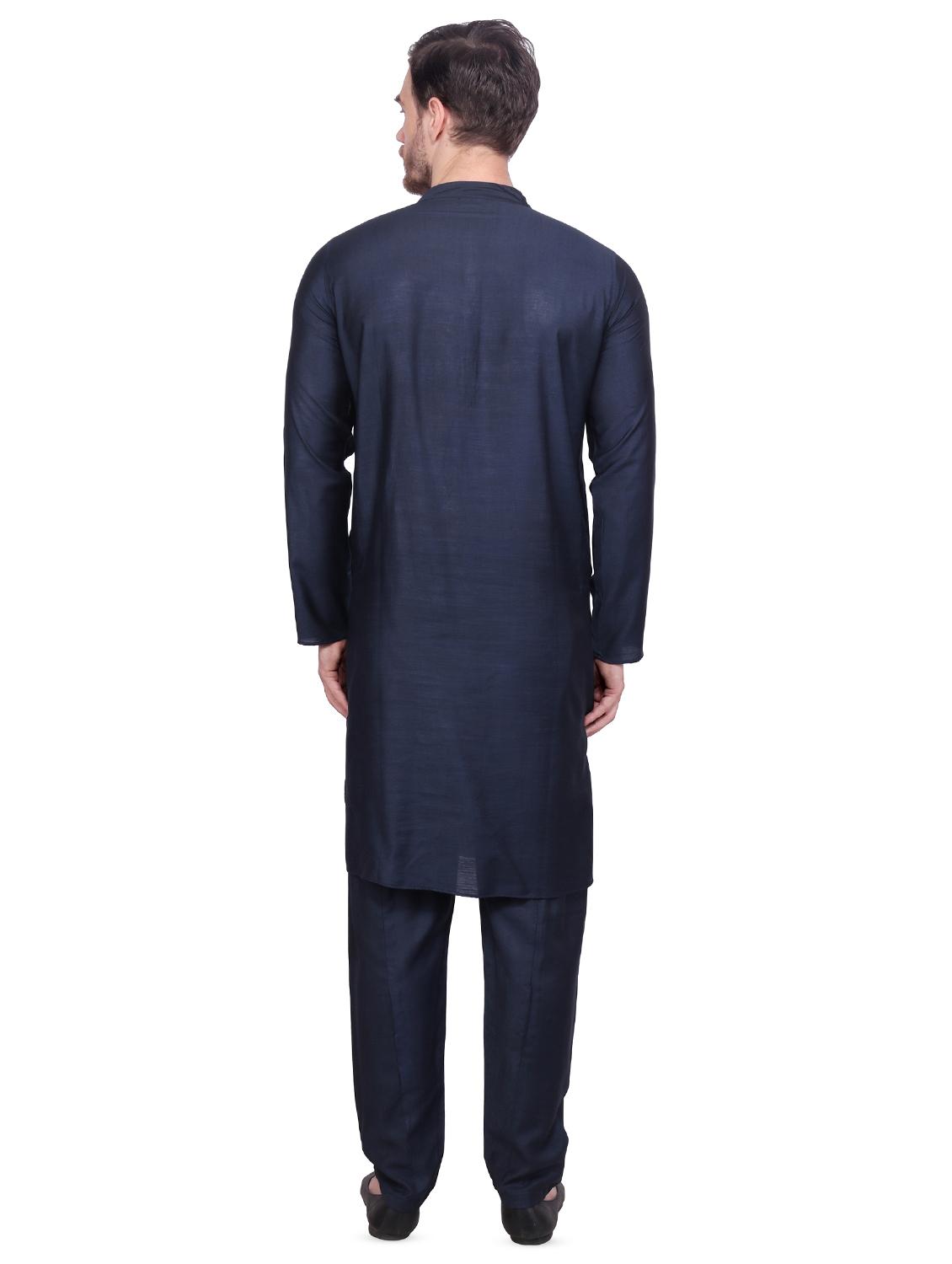 navy blue solid pure silk kurta pyjama set - 16754282 - Zoom Image - 3