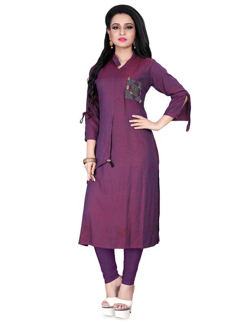purple applique work straight kurta - 16755545 - Standard Image - 1