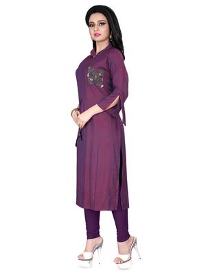 purple applique work straight kurta - 16755545 - Standard Image - 2