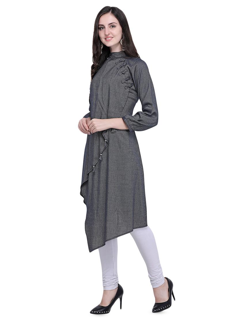 grey striped asymmetric kurta - 16755547 - Zoom Image - 2