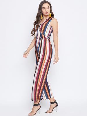 v-neck striped full leg jumpsuit - 16756109 - Standard Image - 2