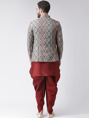 red solid dhoti kurta set with bandhgala blazer - 16756161 - Standard Image - 3