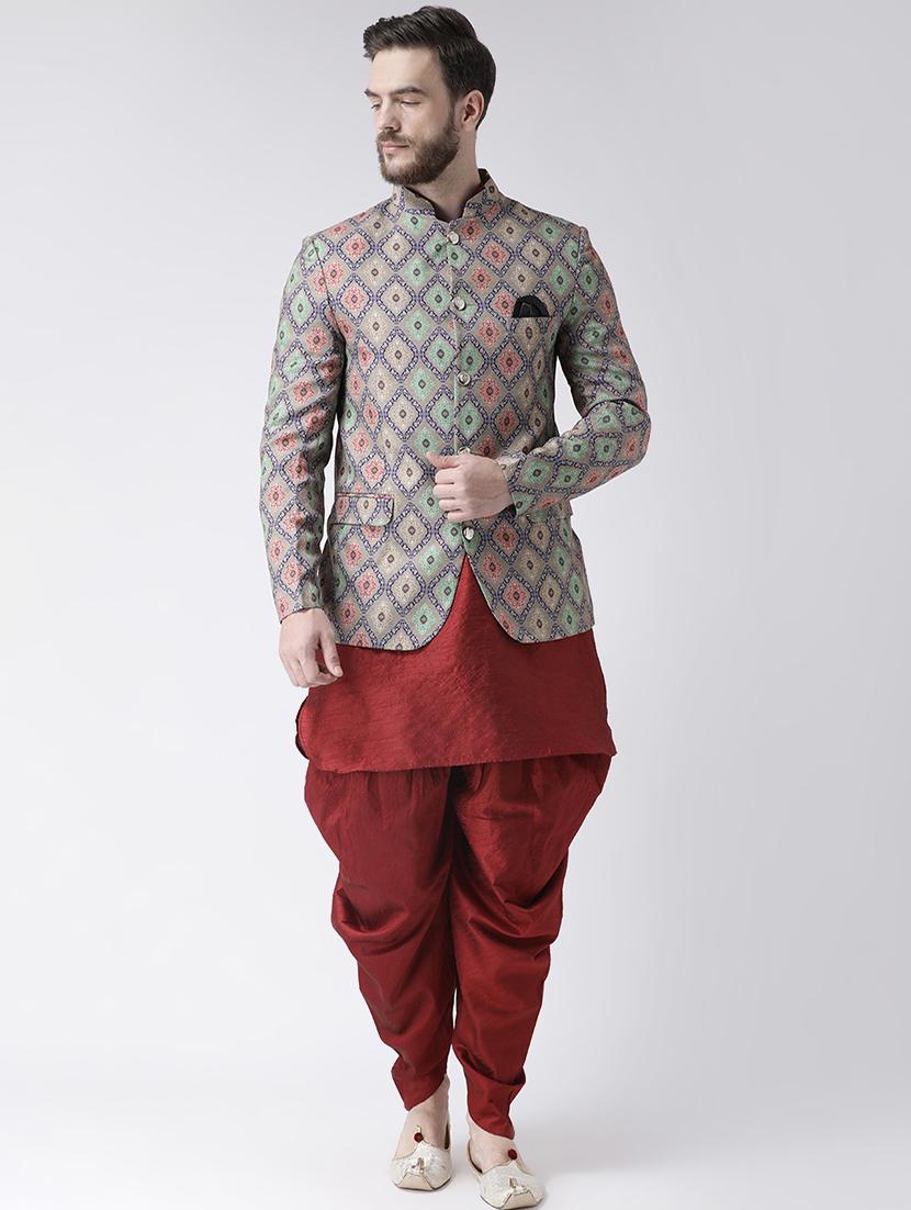 red solid dhoti kurta set with bandhgala blazer - 16756161 - Zoom Image - 1