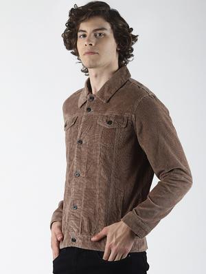 brown solid corduroy casual jacket - 16756808 - Standard Image - 2