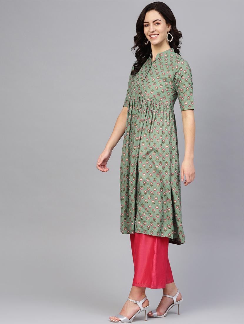 green cotton straight kurta - 16757176 - Zoom Image - 2
