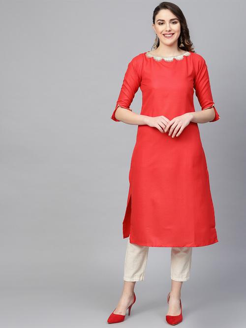 orange cotton silk straight kurta - 16757209 - Standard Image - 1