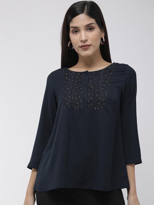 round neck lace detail embellished a line top - 16759407 - Very Small Image - 1