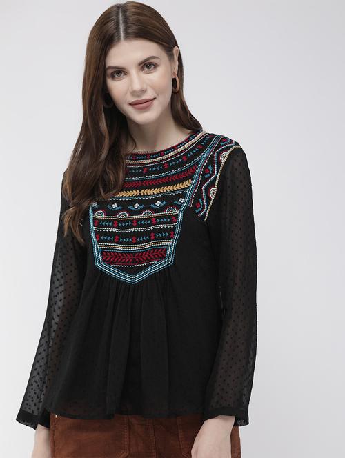 round neck embroidered dobby top - 16759409 - Standard Image - 1
