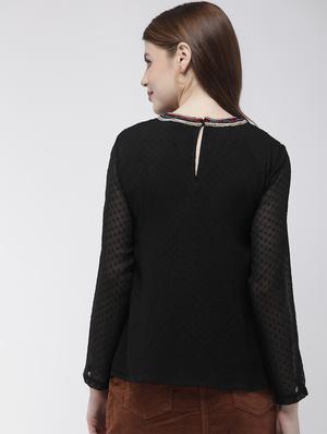 round neck embroidered dobby top - 16759409 - Standard Image - 3