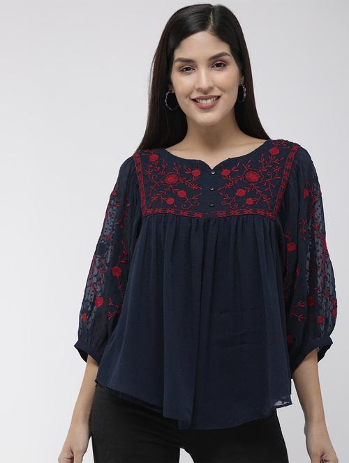 bishop sleeved embroidered dobby a line top - 16759410 - Standard Image - 1