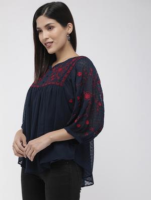 bishop sleeved embroidered dobby a line top - 16759410 - Standard Image - 2