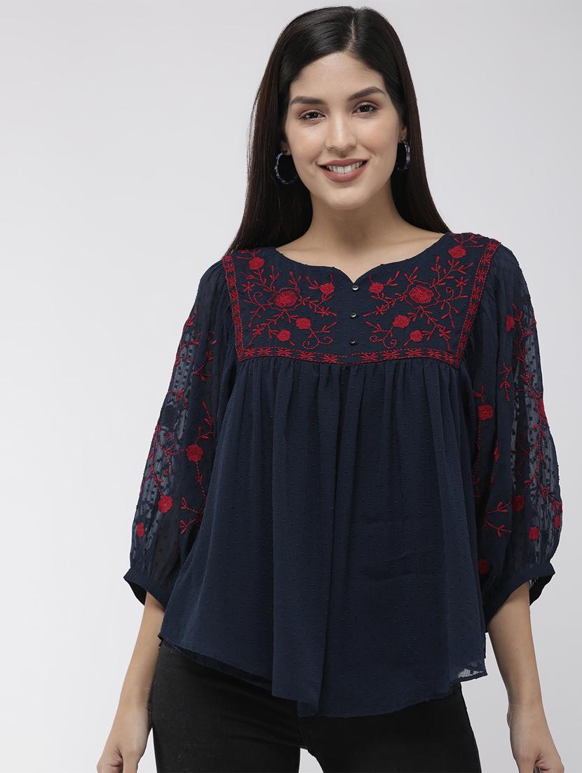 bishop sleeved embroidered dobby a line top - 16759410 - Zoom Image - 1