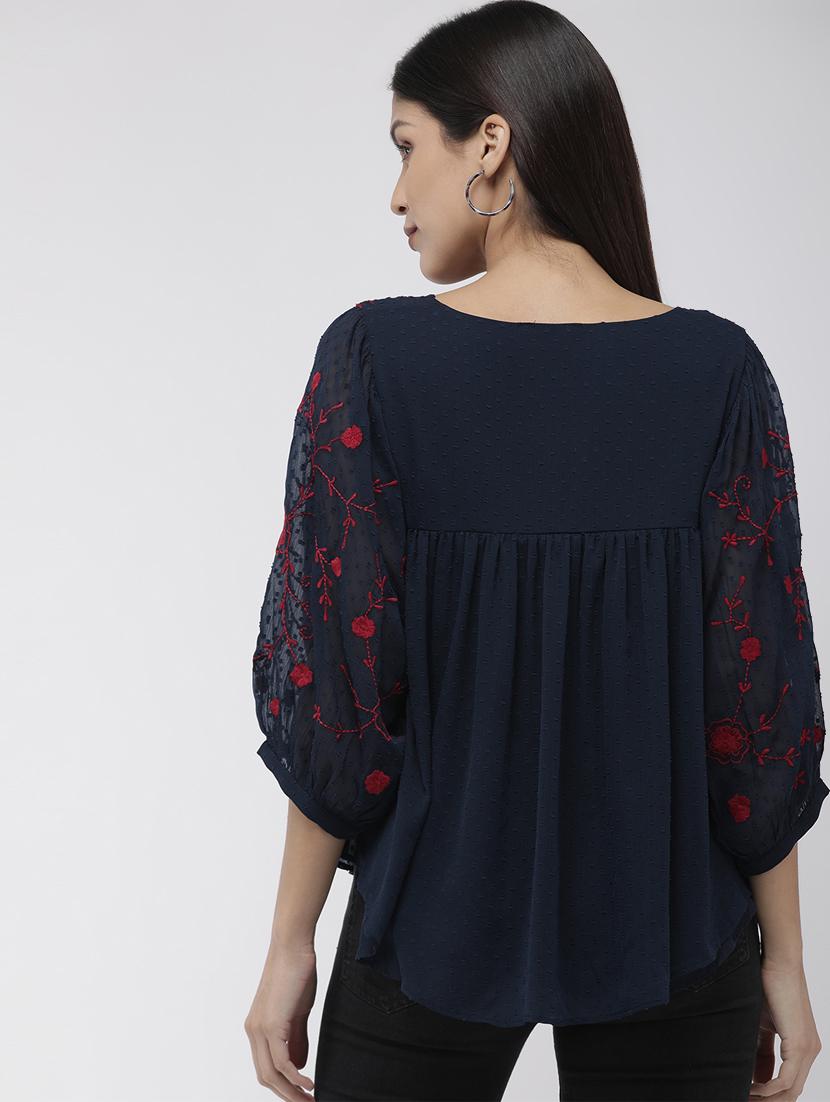 bishop sleeved embroidered dobby a line top - 16759410 - Zoom Image - 3