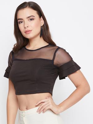 round neck sheer panel crop top - 16759647 - Standard Image - 2