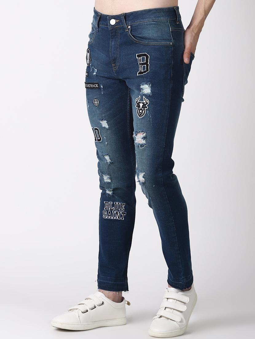 blue light washed patched denim jeans - 16760296 - Zoom Image - 2