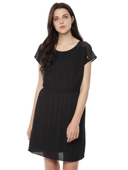 round neck lace detail fit & flare dress - 16760554 - Standard Image - 1