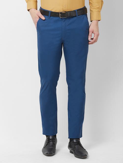 blue solid flat front casual trouser - 16762746 - Standard Image - 1