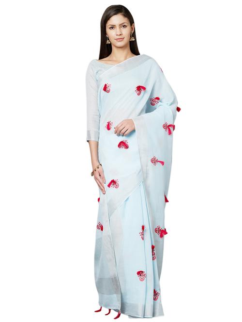 tassel detailed embroidered saree with blouse - 16763701 - Standard Image - 1