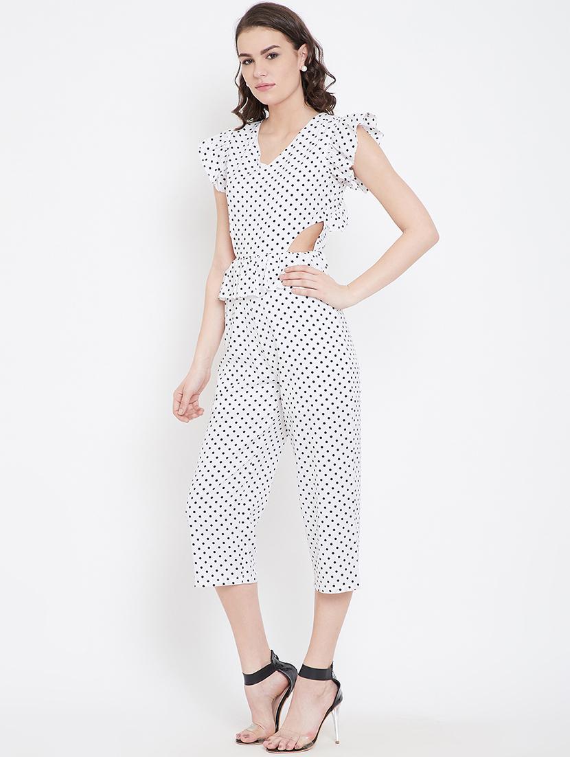 frill trim cut out detail polka dot jumpsuit - 16764184 - Zoom Image - 2