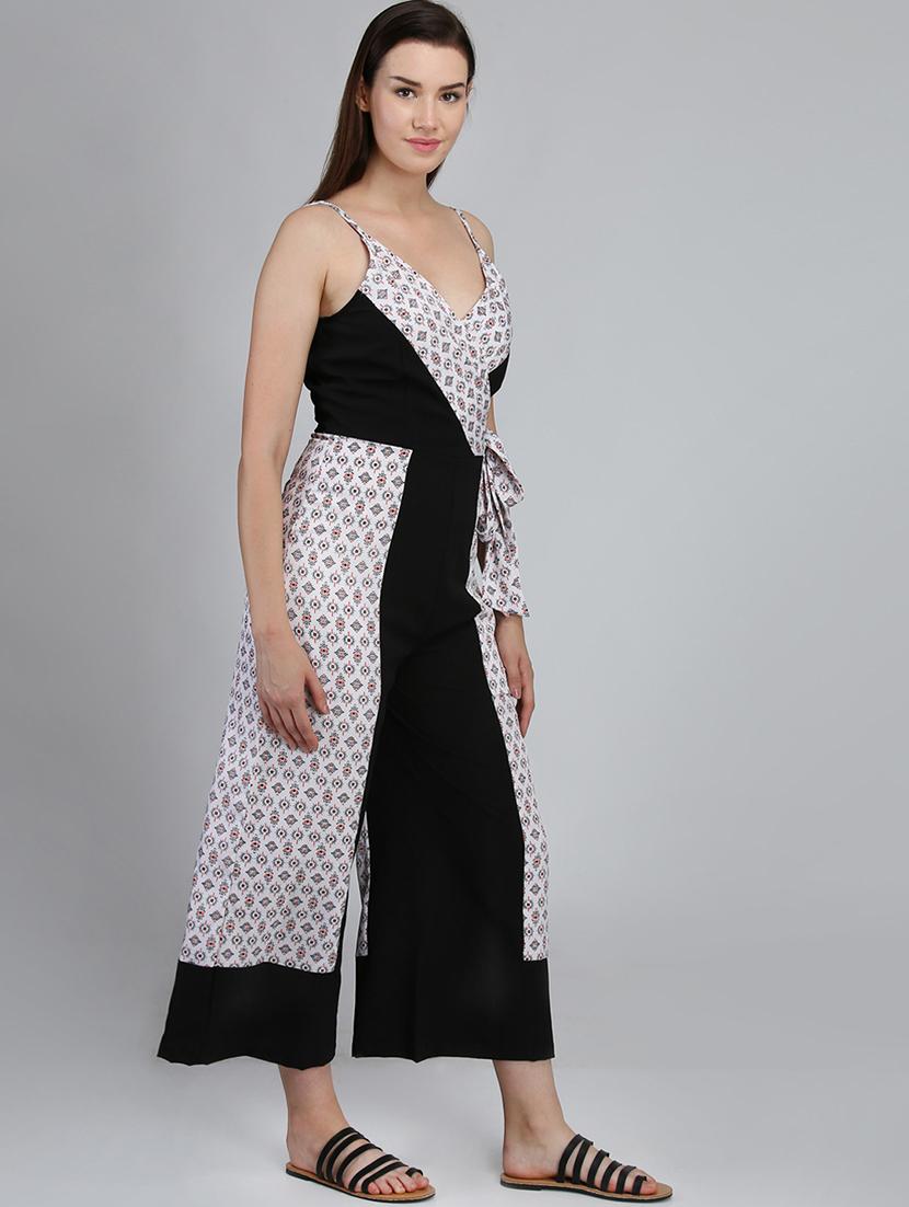 tie front contrast panel jumpsuit - 16764191 - Zoom Image - 2