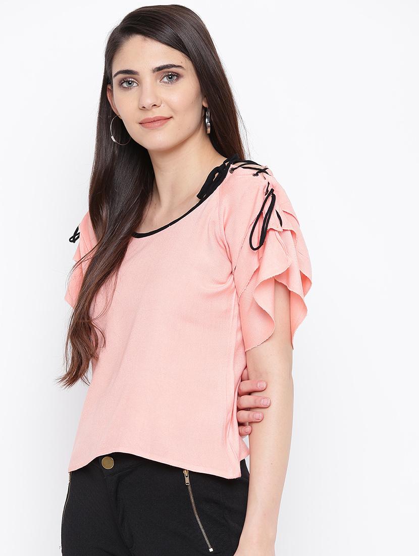 contrast lace up boat neck top - 16764263 - Zoom Image - 2