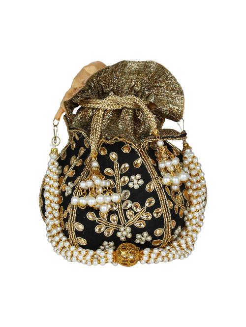 black faux silk ethnic potli - 16765318 - Standard Image - 1