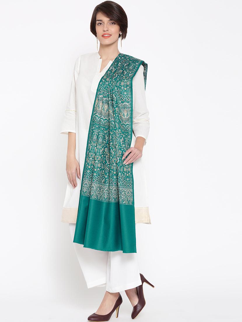 teal wool jamavar shawl - 16766273 - Zoom Image - 1