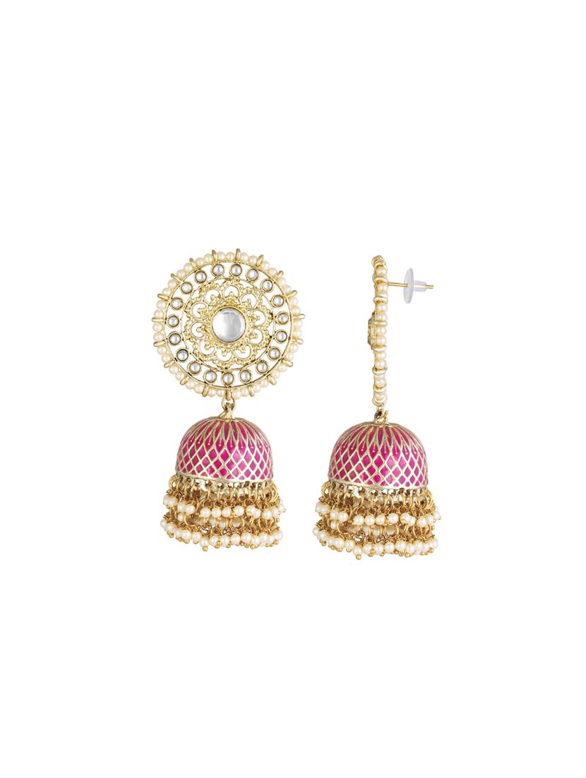 pink brass jhumka earring - 16767252 - Zoom Image - 3