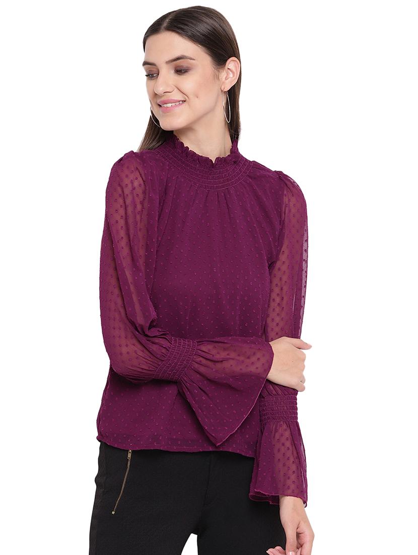 frill trim bell sleeved dobby top - 16769420 - Zoom Image - 1