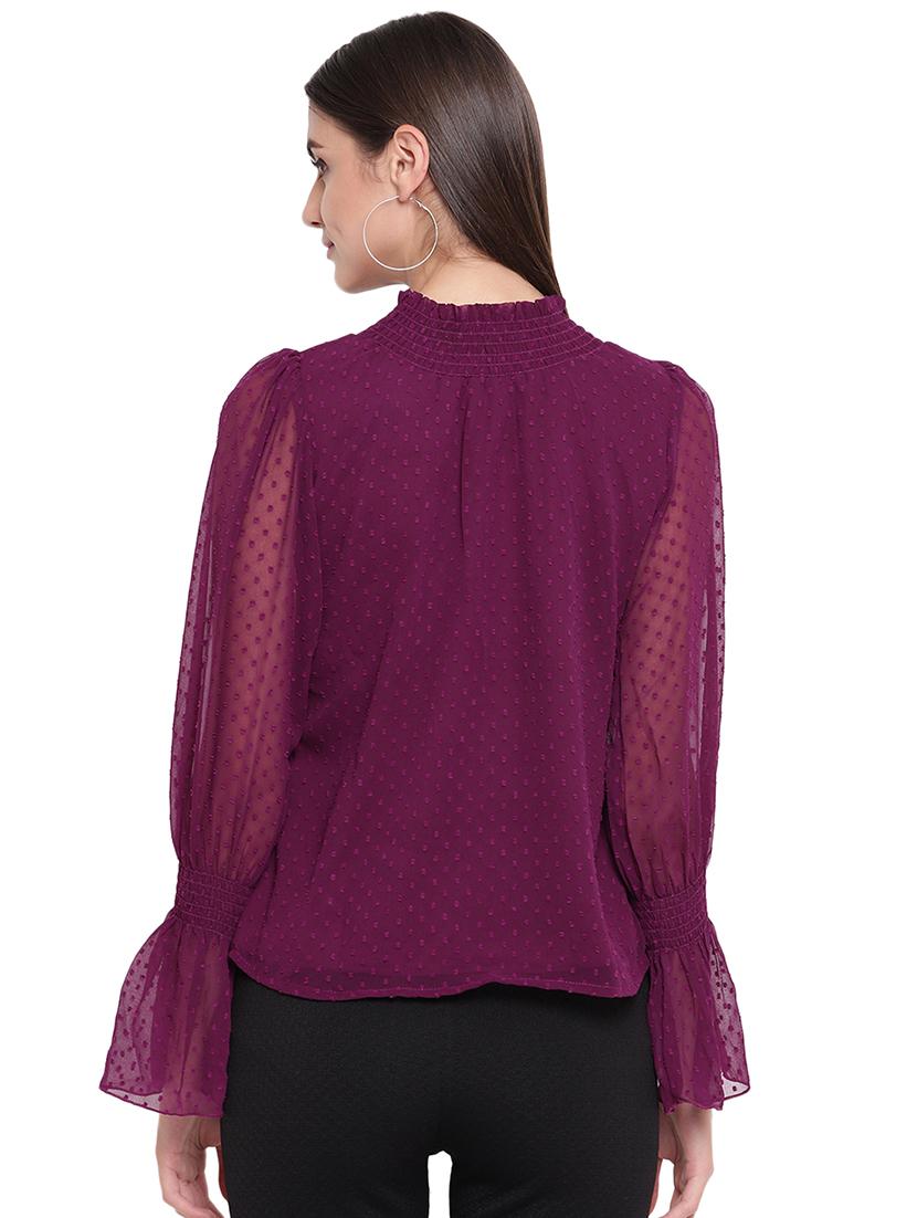 frill trim bell sleeved dobby top - 16769420 - Zoom Image - 3