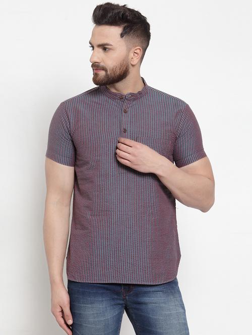 grey striped short kurta - 16779269 - Standard Image - 1