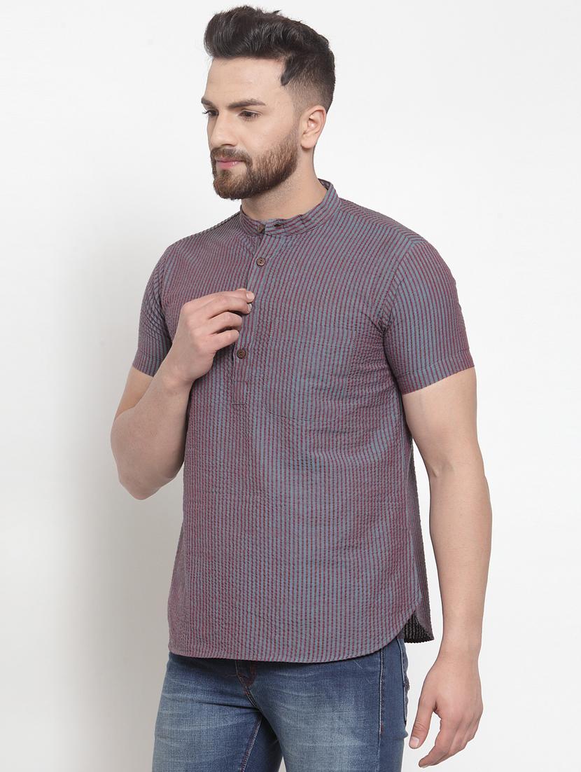 grey striped short kurta - 16779269 - Zoom Image - 2