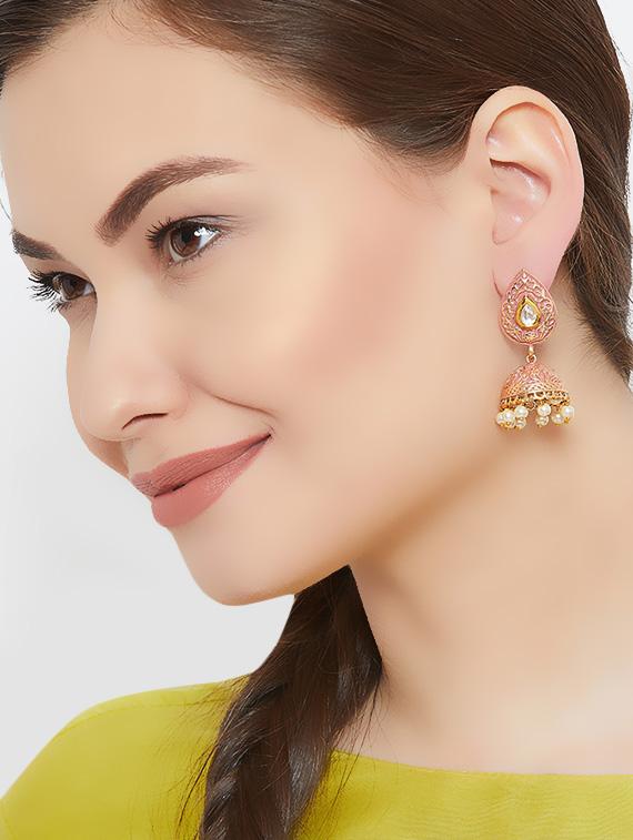 pink gold tone metal jhumka earring - 16780331 - Zoom Image - 3