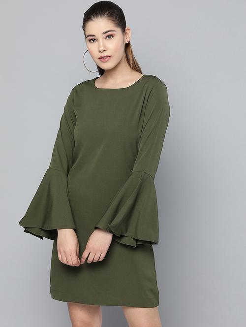 bell sleeved solid a-line dress - 16784917 - Standard Image - 1